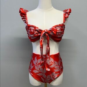PatBO Floral Bikini Set Size M Ruffle Strap Tie Front High Waist Bottom Brazil M
